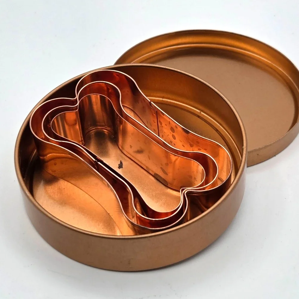 Copper Plated Dog Bone Cookie Cutter Set 3 Sizes Storage Tin